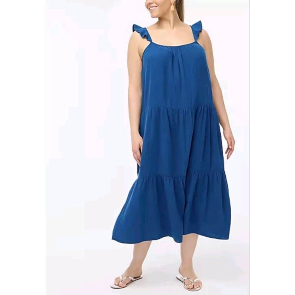 J. Crew Plus 3X Navy Blue Maxi Dress Ruffle Strap Sleeveless Cotton Gauze w Pock